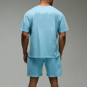 Men Summer Casual Two-Piece <b>Set</b> Light Blue Cotton T-Shirt Shorts Crew Neck Printed Letter Design Breathable <b>Knitted</b> Fabric - Product Image 2