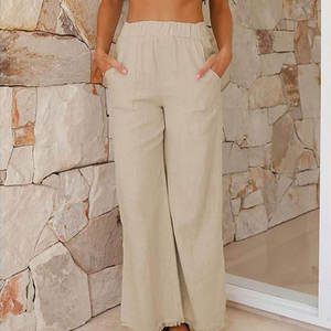 Women's Solid Color <b>Wide</b> <b>Leg</b> <b>Linen</b> Pants High Waist Elastic Loose Fit Full Length Casual Summer Style With Frayed Edges - Product Image 3