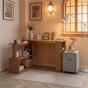 Home Office Teak Wood L-Shaped Corner <b>Desk</b> Space-Saving Computer and Writing <b>Desk</b> - Product Image 1