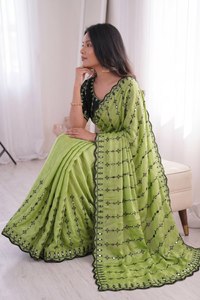 Green Silk Saree With Black Embroidery And Sequins Blouse For Women Traditional Indian Wedding Wear - Product Image 2