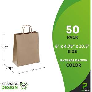 Sacchetti di carta Kraft marrone 8 \ "X 4.75 \" X 10.5 \ "confezione sfusa 50 piccoli sacchetti per la spesa manici sacchetti di carta artigianali riciclati per piccoli - Product Image 2