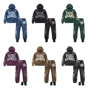 Custom <b>Black</b> Tracksuit <b>Men</b> Women Vintage Washed Heavyweight Cotton <b>Fleece</b> Lined Eco-Friendly Hoodie Sweatpants Set Y2K Graphic - Product Image 2