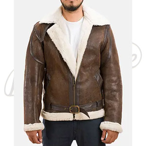 Veste aviateur en peau de mouton marron de qualité supérieure pour homme, doublée de fausse fourrure blanche, veste de pilote d'hiver avec ceinture à la taille - Product Image 1
