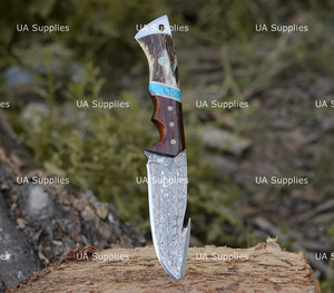 Couteau de chasse et de camping à lame fixe en acier Damas forgé à la main, pointe tombante, crochet à viande, manche en bois de cerf, OEM - Product Image 6