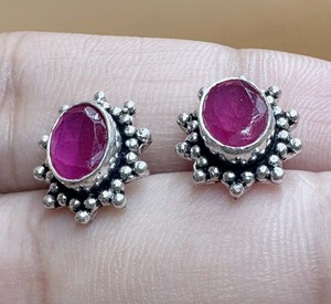 Custom 925 Sterling <b>Silver</b> Oval Faceted Ruby <b>Stud</b> Earrings Handmade Gemstone Fine <b>Stud</b> For Her - Product Image 3