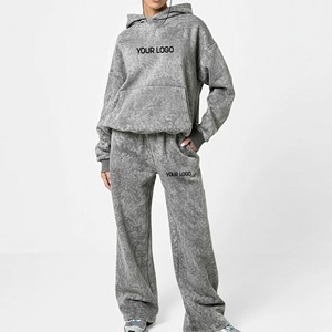 Survêtements deux pièces sur mesure grande taille décontractés d'hiver, effet délavé, avec logo brodé en dentelle unie, style streetwear tendance, OEM ODM - Product Image 3