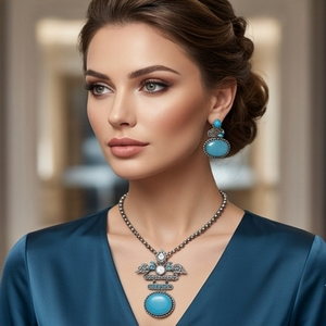 DIVYORO Women's Turquoise Teardrop <b>Statement</b> Ethnic Adjustable Brass Oxidized Silver <b>Necklace</b> and Earrings Set for Party - Product Image 4