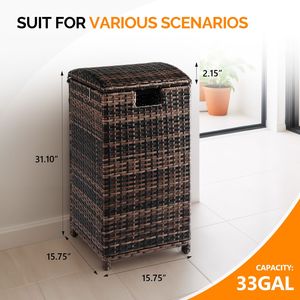 Cestino per rifiuti da esterno in rattan con ruote da 33 galloni e coperchio, per veranda, giardino, terrazza, bordo piscina, marrone - Product Image 4