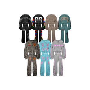 Multi Design Cropped <b>Zip</b> <b>Up</b> Hoodie & Pants Set | Streetwear Tracksuit Collection | Oversized Graphic Two Piece Set - Product Image 1