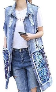 Women's Denim Sleeveless Vest Long Button Front Solid Color Casual Loose Fit Summer <b>Jacket</b> Coat Breathable Woven Cotton - Product Image 3