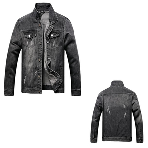 Veste en jean déchirée pour homme, coupe classique, fermeture boutonnée, style décontracté, pour l'automne, couleur unie, design déchiré, tissu en coton tissé - Product Image 2
