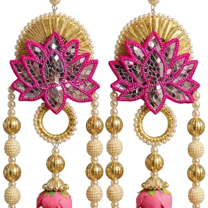 Handmade Eco-Friendly Plastic <b>Pink</b> Lotus Beaded Hanging <b>Decor</b> Pearl Strings Gold Accents Reusable Door Wall Pooja Decoration - Product Image 5