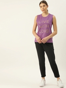 Débardeur sans manches violet pour femme, col rond, imprimé « Live With Love » en feuille d'aluminium, en coton tricoté décontracté - Product Image 4