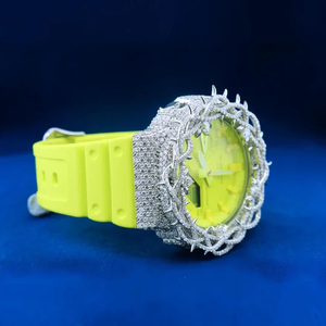 Montre de luxe Moissanite Iced Out, cadran analogique jaune néon, finition argentée, bracelet en silicone, montre tendance Hip Hop - Product Image 2