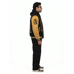 Veste universitaire de style streetwear haut de gamme pour homme, en laine méltone épaisse, avec logo brodé sur le devant en cuir véritable, personnalisable OEM. - Product Image 3