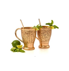 Modern Wabi Sabi Copper Mugs Ornate Etched Metal <b>Drinkware</b> Set Luxury Metallic Carved Paisley Cocktail Goblet Handle Pack - Product Image 2