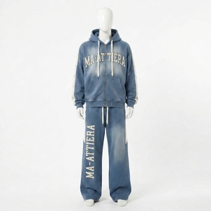 Chándal de invierno para hombre Ma-Attiera, con capucha, color azul teñido, de algodón, corte regular, informal, con bolsillos laterales y estampado del logotipo. - Product Image 3