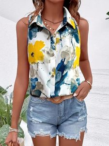 Camisa sin mangas con botones y estampado floral en amarillo y azul para mujer - Top ligero e informal de verano para un ajuste relajado - Product Image 2