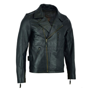 Veste de moto en cuir véritable noir pour homme, finition solide, fermeture éclair, col rabattable, coupe-vent - Product Image 5