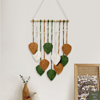 Décoration murale en macramé en forme de feuille, style bohème, feuillage rectangulaire, pour salon, chambre, décoration intérieure, fleurs en coton vert, marron, blanc