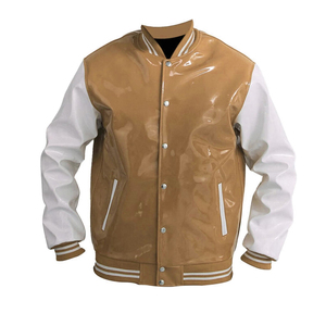 <b>Mens</b> PVC Leather <b>Varsity</b> <b>Jacket</b> Stand Collar Front Logo Fashionable Baseball <b>Bomber</b> Solid Color - Product Image 1