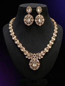 Gold Plated <b>Crystal</b> Necklace <b>Set</b> With Oval Cut Stones Flower Design For Women Wedding Jewelry - Product Image 1