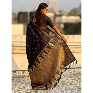 Traditional Zari Woven Saree Black Soft Silk <b>Indian</b> & <b>Pakistani</b> <b>Clothing</b> - Product Image 4