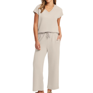 Women's Beige V-Neck Short Sleeve Loose Fit Tracksuit Full Length <b>Pants</b> Side Pockets Drawstring Waist Casual Summer Wear - Product Image 1