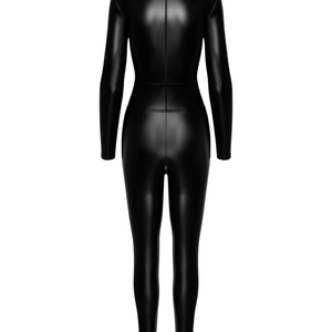 Mono ajustado de manga larga con cremallera y cintura alta para mujer, de PU negro, color liso, para discoteca - Product Image 3