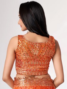 Rivaayat House <b>Orange</b> Floral Print Organza Floor-Length Traditional <b>Saree</b> with Blouse Padded Wedding Festival Wear for Women - Product Image 4