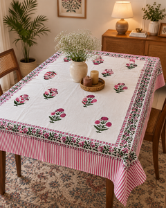 Floral Pink & White Traditional 100% Cotton Embroidered Eco-Friendly New Design <b>Tablecloth</b> 60x90 Inches Machine Washable Durable - Product Image 1