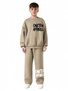 Ensemble survêtement enfant ONETEN APPAREL, sweat-shirt col rond beige et pantalon jogger, style streetwear, coupe ample, longueur intégrale, coton, automne, garçons - Product Image 4