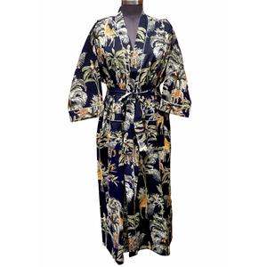 Kimono de Algodón para Mujer, Cuello en V, Cierre con Cinturón, Largo Completo, Suave y Transpirable, Estampado, para Playa o Hotel - Product Image 1