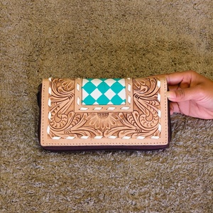 Stylish Hand Tooling Carved 100% Genuine Leather Women's Clutch Checkered Pattern <b>Wallet</b> Purse Personalized Bohemian Fashionable - Product Image 3