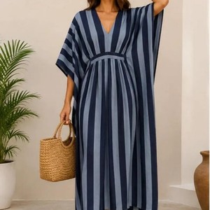 Robes Kimono Décontractées Longues à Rayures Col V pour Femmes, Douces, Respirantes, Tissées, Tenue d'Intérieur d'Automne, Taille Élastique Trois Quarts - Product Image 1