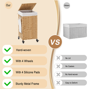 Cesto de Ropa Plegable Tejido con Jacinto de Agua Natural, con Tapa y Ruedas - Product Image 2