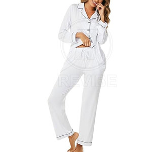 Pyjama Femme de Qualité Supérieure 100% Coton Été Décontracté Taille Élastique Longueur Intégrale Col Rabattu Manches Longues Logo Avant - Product Image 6
