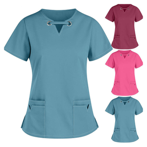 Women's Fashion <b>Scrub</b> <b>Top</b> Short Sleeve V-Neck Keyhole Nursing Uniform with Pockets Medical Workwear Wholesale OEM - Product Image 1