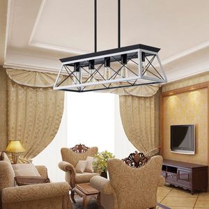 Lustre suspendu industriel moderne 32 pouces à 5 lumières en fer et bois noir et blanc, design cage métallique réglable pour salle à manger - Product Image 3