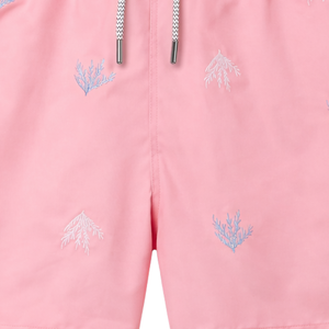 Short de bain mi-long pour homme rose à motif végétal brodé, séchage rapide, taille élastique, avec poche - Product Image 4
