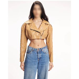 เสื้อแจ็คเก็ตหนัง PU แบบเย็บลายประดับหมุดสำหรับผู้หญิง ขายดี ทรงปกติ สไตล์เก๋ไก๋ เหมาะสำหรับใส่ไปเที่ยวคลับ ชุดลำลอง ชุดไปงานปาร์ตี้ - Product Image 1