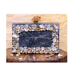 Beige Resin <b>Clutch</b> with Colorful Stone Floral <b>Embellishments</b> Handmade Designer Women Purse Evening Wedding Bag Wholesale Bulk - Product Image 5