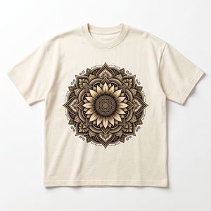 Sacred Sunflower Mandala T-Shirt | Cream <b>White</b> 240 GSM Heavyweight Cotton <b>Tee</b> with Geometric Line Art - Product Image 1