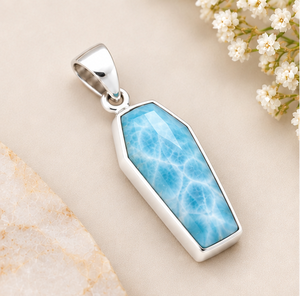 Natural <b>Larimar</b> Silver Pendant, Blue <b>Larimar</b> Gemstone Coffin Pendant, 925 Sterling Silver Statement <b>Jewelry</b>, - Product Image 1