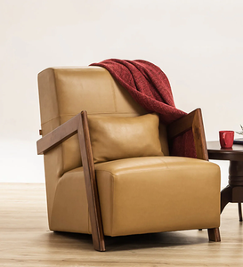 Sillón Moderno de Cuero Sintético con Estructura de Madera Maciza, Diseño de Mediados de Siglo, Sillón Tapizado para Sala de Estar, Muebles para el Hogar - Product Image 1