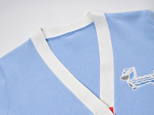 Women's Light Blue V-Neck Cardigan With Dog Embroidery And White Trim Preppy Style Full Sleeve Knitted Sweater - Product Image 4