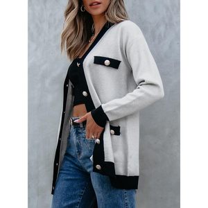 Women's Gray Knitted <b>Cardigan</b> <b>Long</b> Sleeve V-Neck Contrast Color Casual Button Closure Regular Fit All Seasons Wear - Product Image 3
