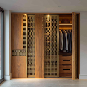 Armoire en bois noyer foncé à 4 portes avec deux miroirs et tiroirs de rangement inférieurs, disponible à prix de gros. - Product Image 6
