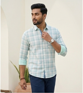 Chemise décontractée d'été pour homme en popeline de coton mélangé respirante, manches longues, coupe classique, col rabattu - Product Image 1