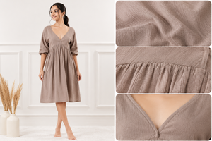 Women's Bohemian Handmade Solid <b>Summer</b> V-Neck Midi Dress 3/4 Sleeve Eco-Friendly Breathable Cotton Regular Fit <b>Kaftan</b> Wholesale - Product Image 5